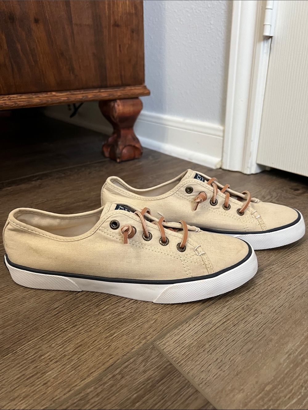 Sperry Beige Canvas Low-Top Sneakers with Brown Laces
